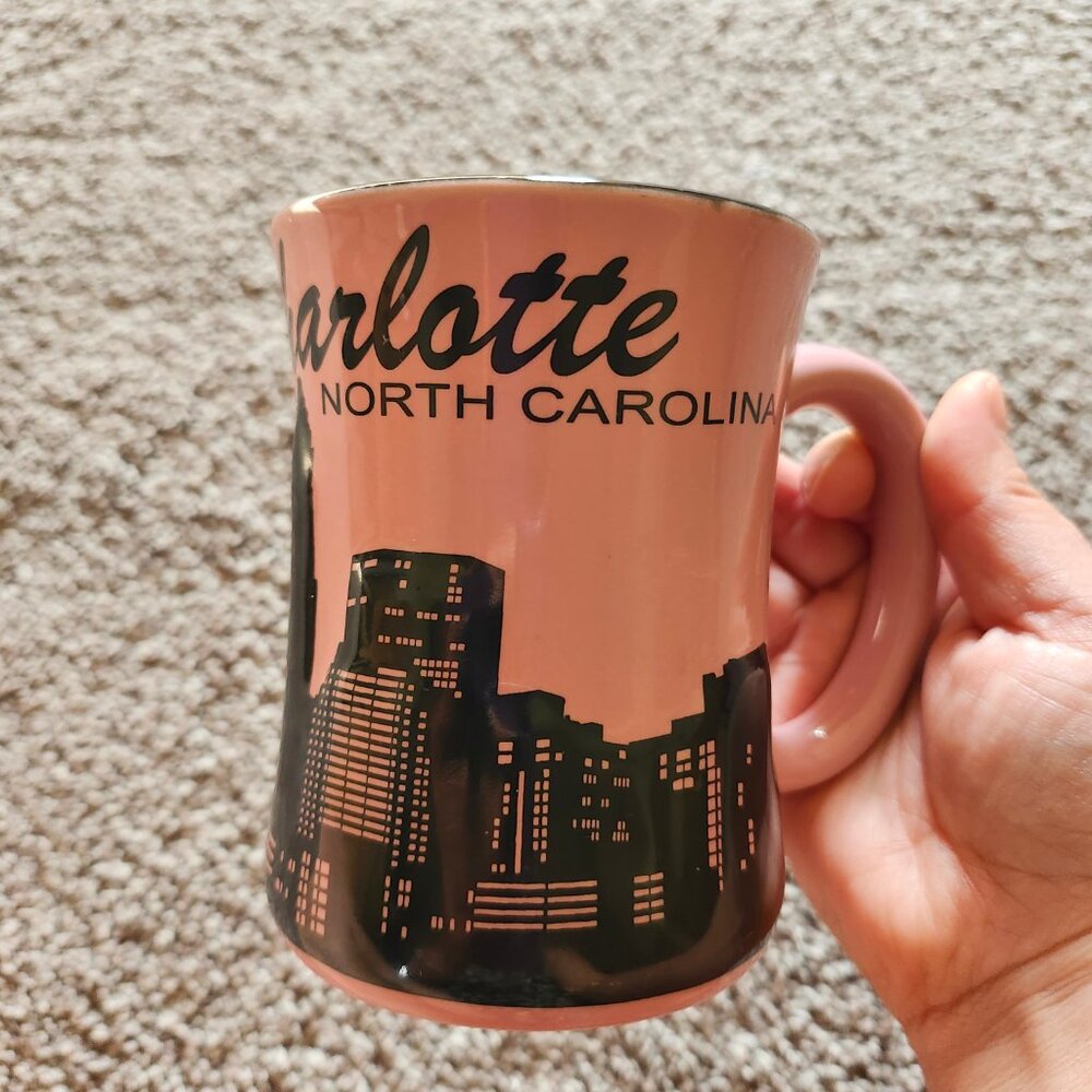 New Charlotte North Carolina pink coffee mug embossed city skyline souvenir cup